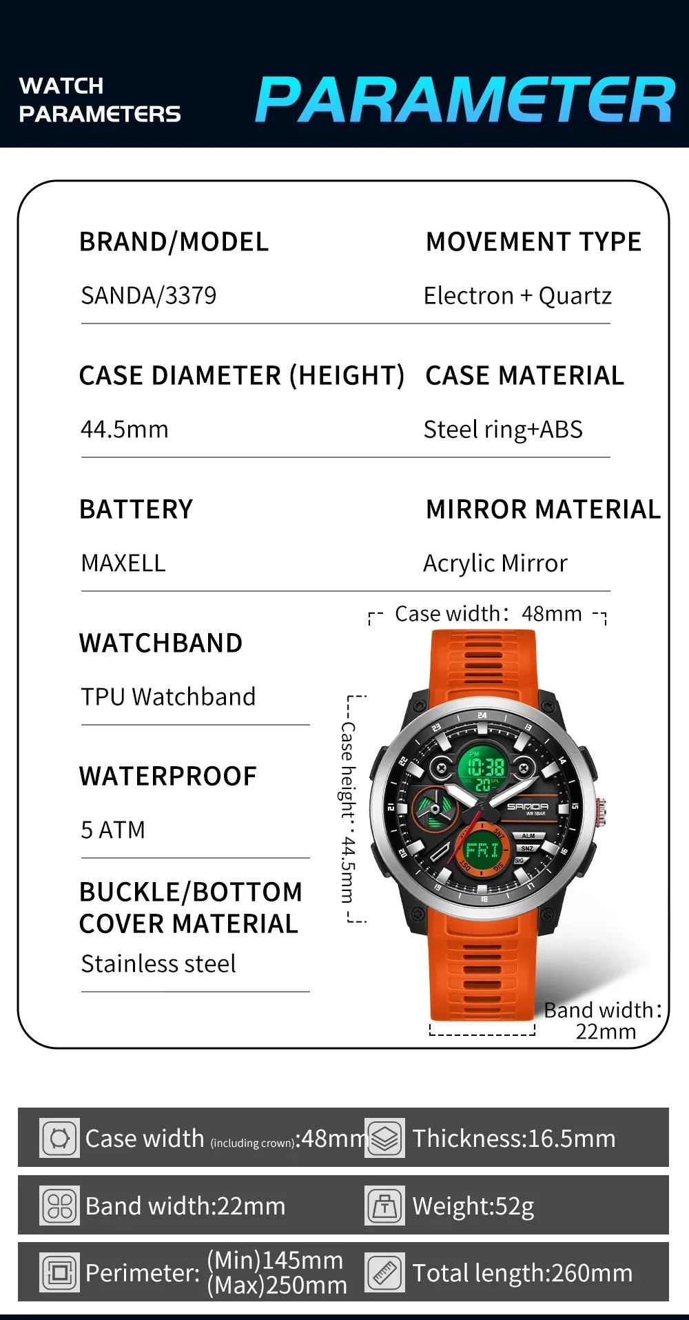 SANDA 3379 Fashion Men's Electronic Watch Dual Screen Sports Type Multi functional Waterproof LED Leisure Men's Electronic Watch