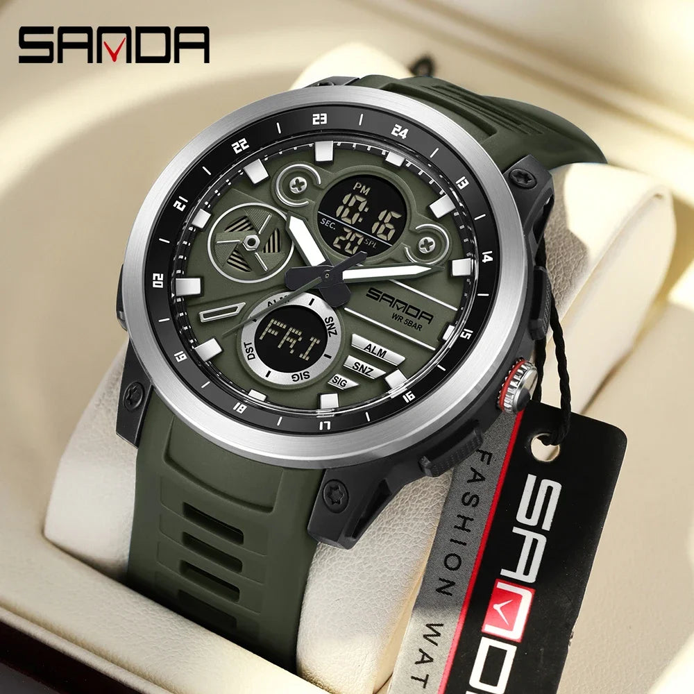 SANDA 3379 Fashion Men's Electronic Watch Dual Screen Sports Type Multi functional Waterproof LED Leisure Men's Electronic Watch