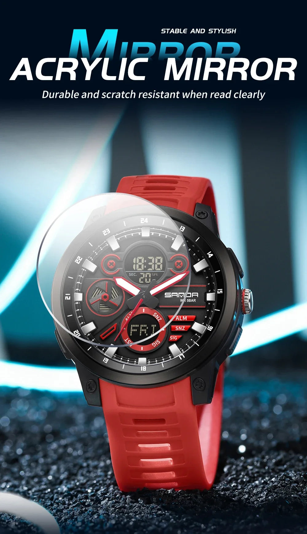 SANDA 3379 Fashion Men's Electronic Watch Dual Screen Sports Type Multi functional Waterproof LED Leisure Men's Electronic Watch