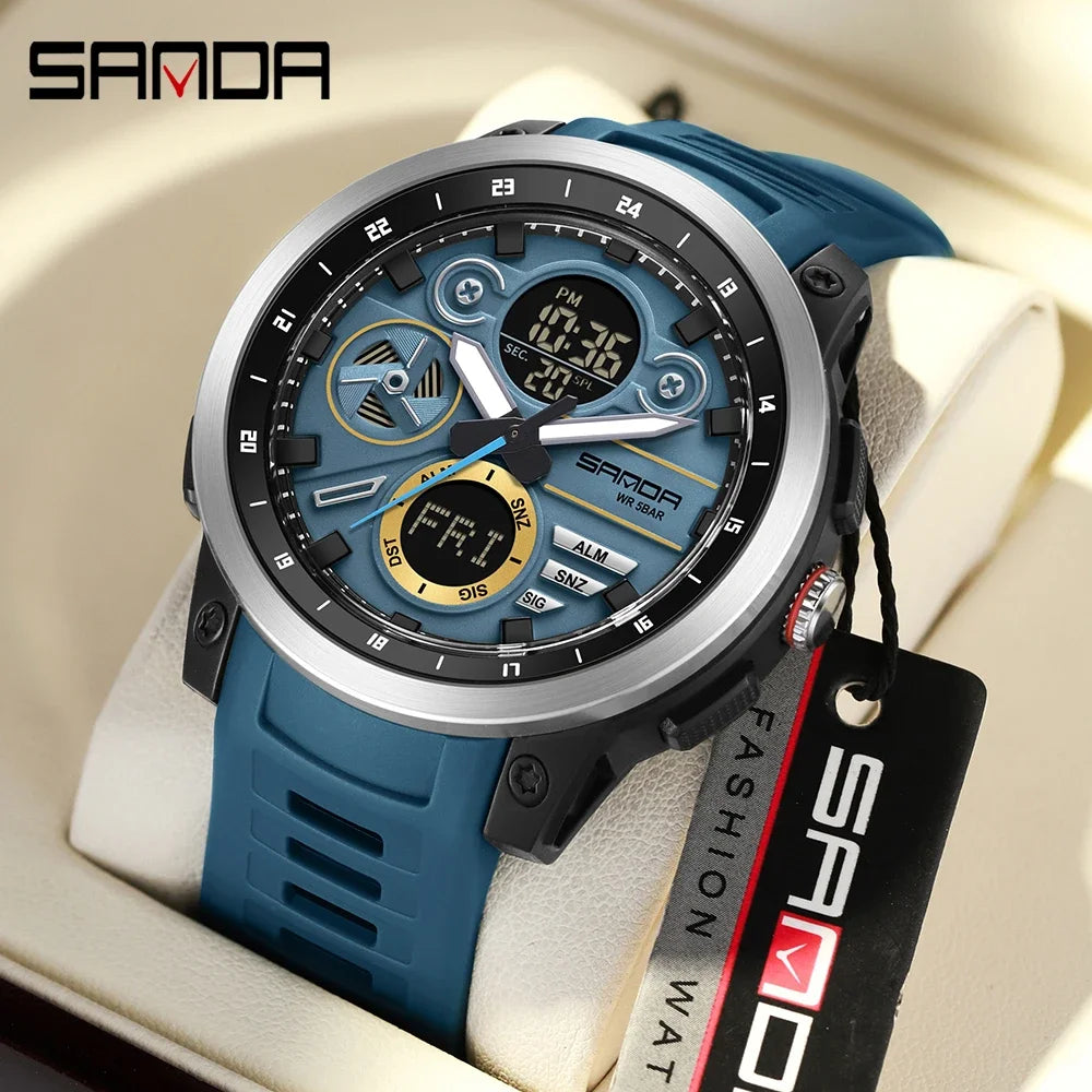 SANDA 3379 Fashion Men's Electronic Watch Dual Screen Sports Type Multi functional Waterproof LED Leisure Men's Electronic Watch