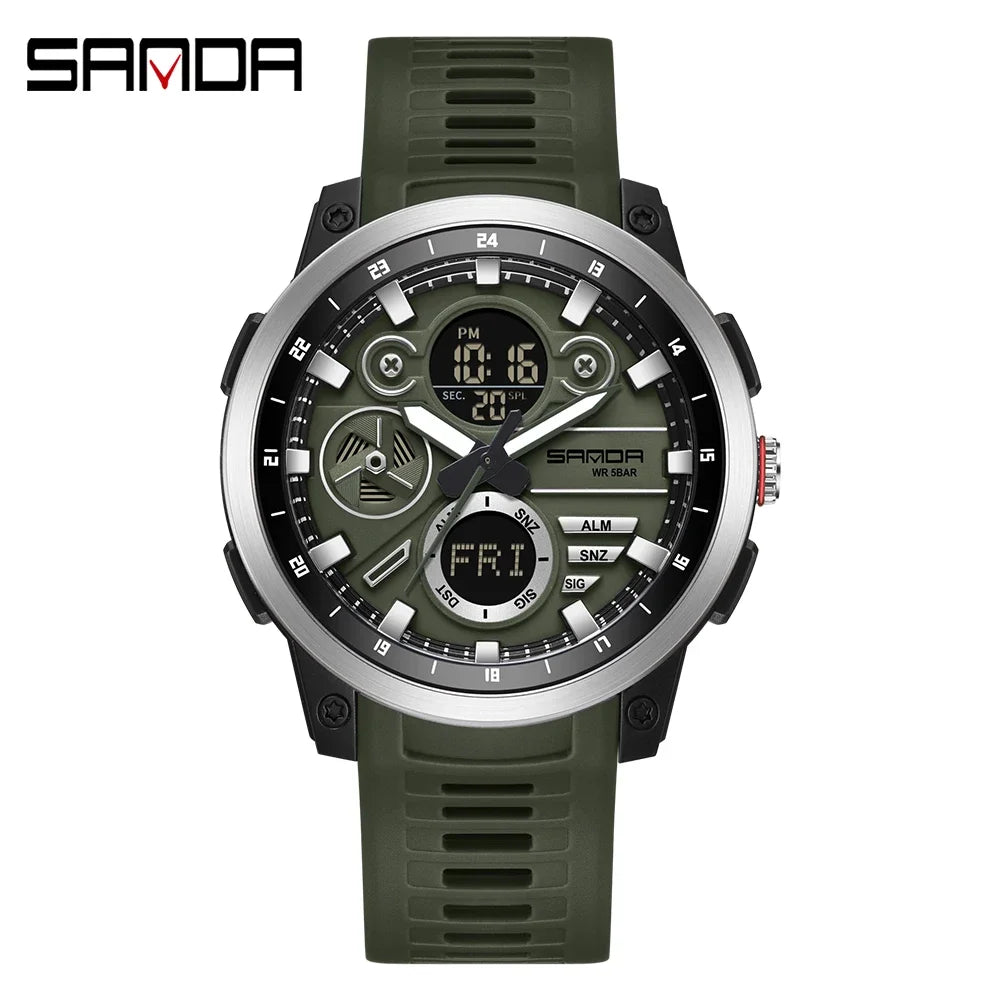 SANDA 3379 Fashion Men's Electronic Watch Dual Screen Sports Type Multi functional Waterproof LED Leisure Men's Electronic Watch