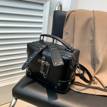 Women Gothic Punk Square Small Crossbody Handbag with Top Handle Skull Crosses Chain PU Leather Shoulder Bag Purse