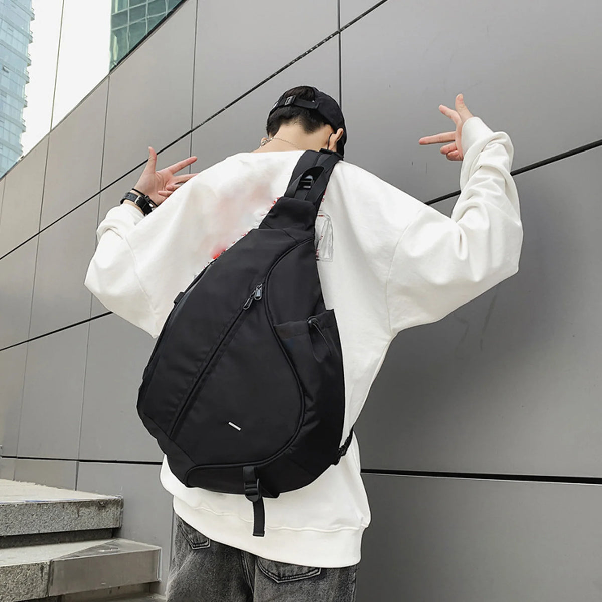 Large Black Sling Bag Waterproof Sling Backpack Oxford Fabric Outdoor Sports Chest Bag for Men Women Large Black Sling Backpack