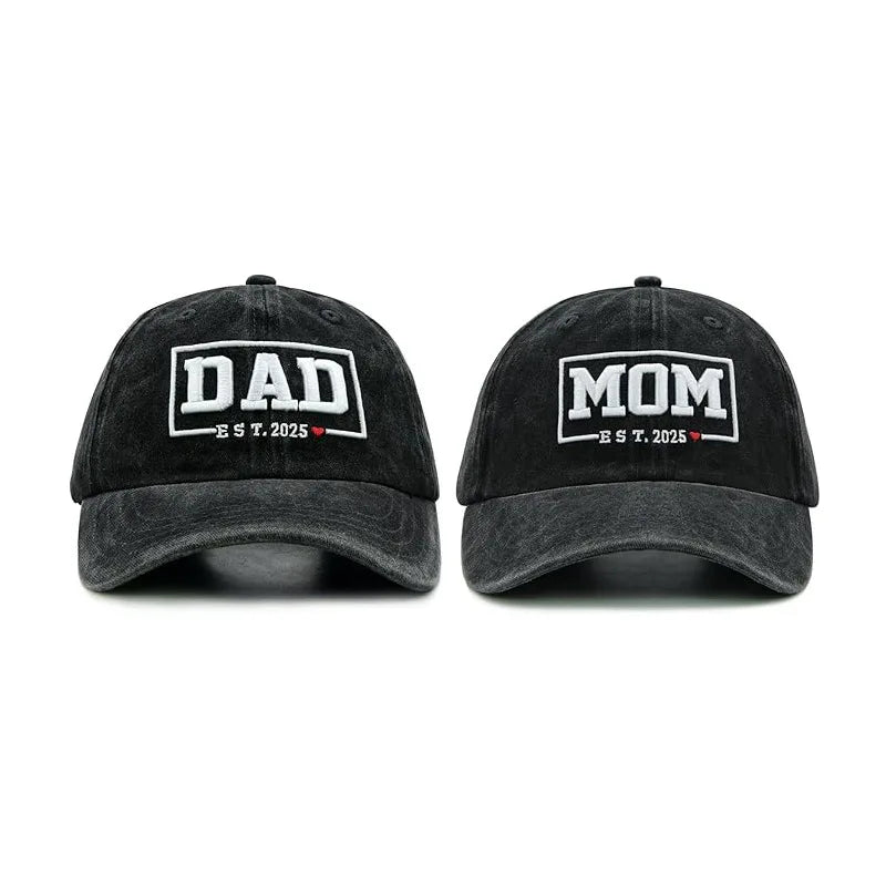 DAD & MOM Embroidered Washed-Cotton Cap Set — 2 Pieces