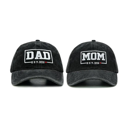DAD & MOM Embroidered Washed-Cotton Cap Set — 2 Pieces