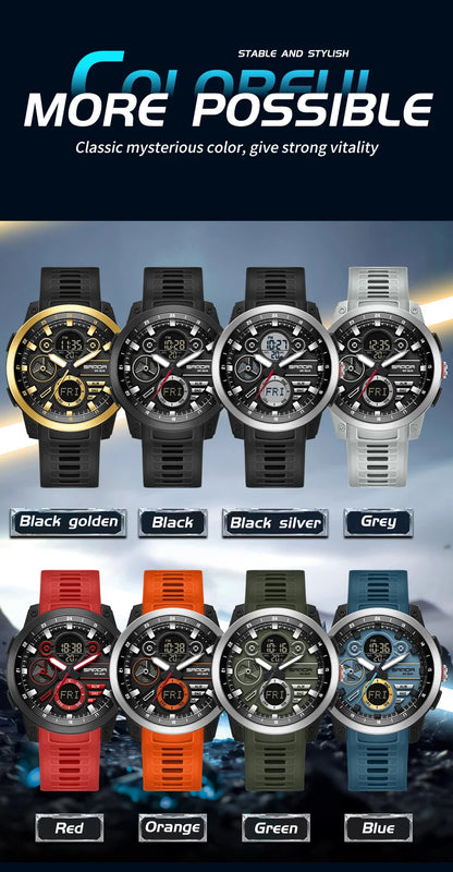 SANDA 3379 Fashion Men's Electronic Watch Dual Screen Sports Type Multi functional Waterproof LED Leisure Men's Electronic Watch