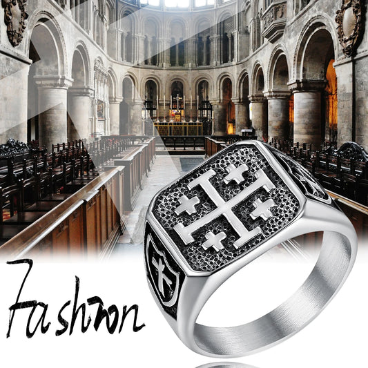 BONISKISS Men's Cross Ring Retro Jerusalem stainless steel signet ring Religious ring Father's Day Baptism Easter Holiday gift