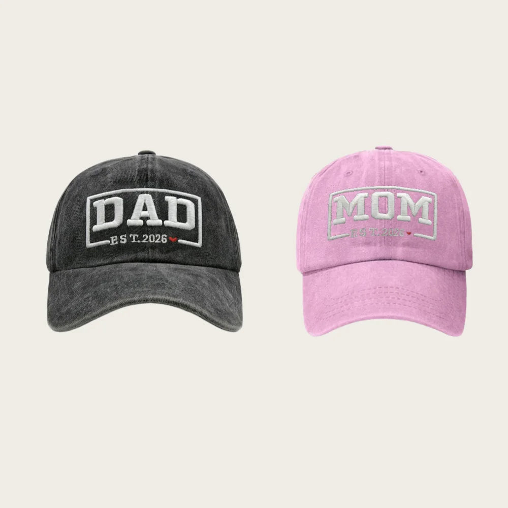 DAD & MOM Embroidered Washed-Cotton Cap Set — 2 Pieces