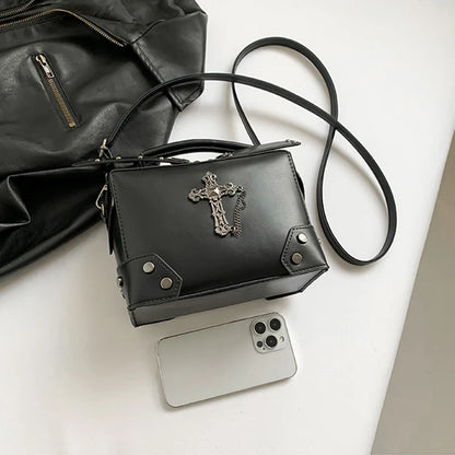 Women Gothic Punk Square Small Crossbody Handbag with Top Handle Skull Crosses Chain PU Leather Shoulder Bag Purse