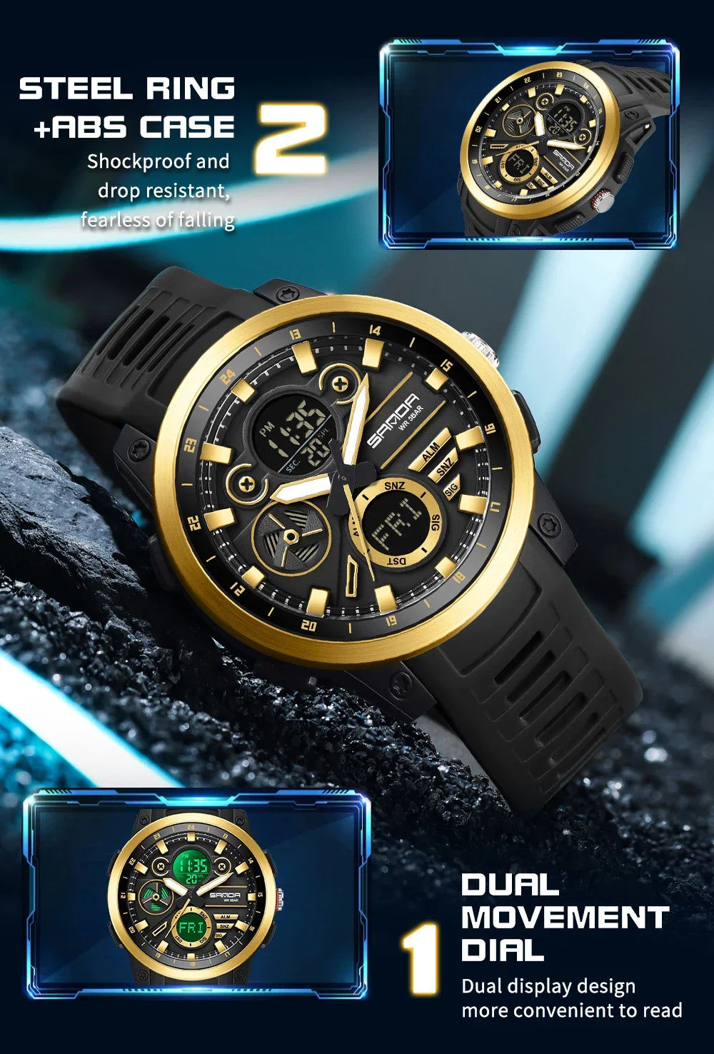 SANDA 3379 Fashion Men's Electronic Watch Dual Screen Sports Type Multi functional Waterproof LED Leisure Men's Electronic Watch