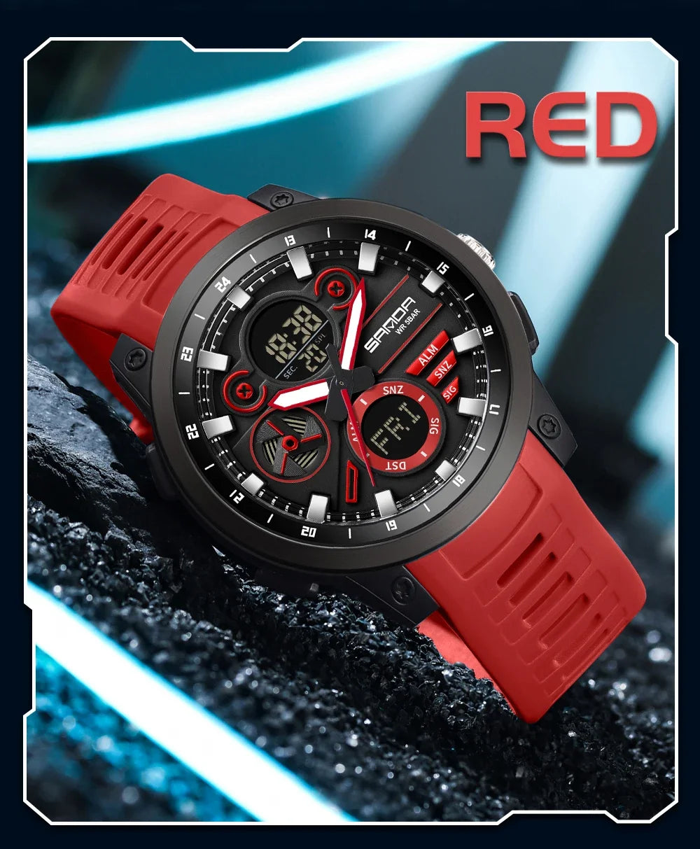 SANDA 3379 Fashion Men's Electronic Watch Dual Screen Sports Type Multi functional Waterproof LED Leisure Men's Electronic Watch