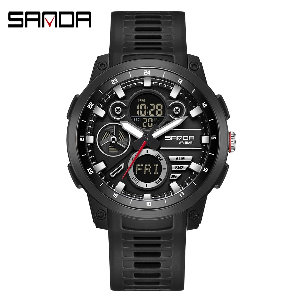 SANDA 3379 Fashion Men's Electronic Watch Dual Screen Sports Type Multi functional Waterproof LED Leisure Men's Electronic Watch