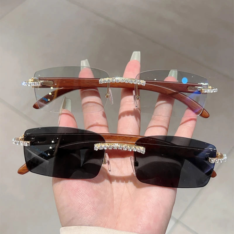KAMMPT Stylish Rimless Metal Pink Shades Women's New Fashion Korean Style Sweet Sunglasses Chic Crystal Shiny Travel Sun Glasses