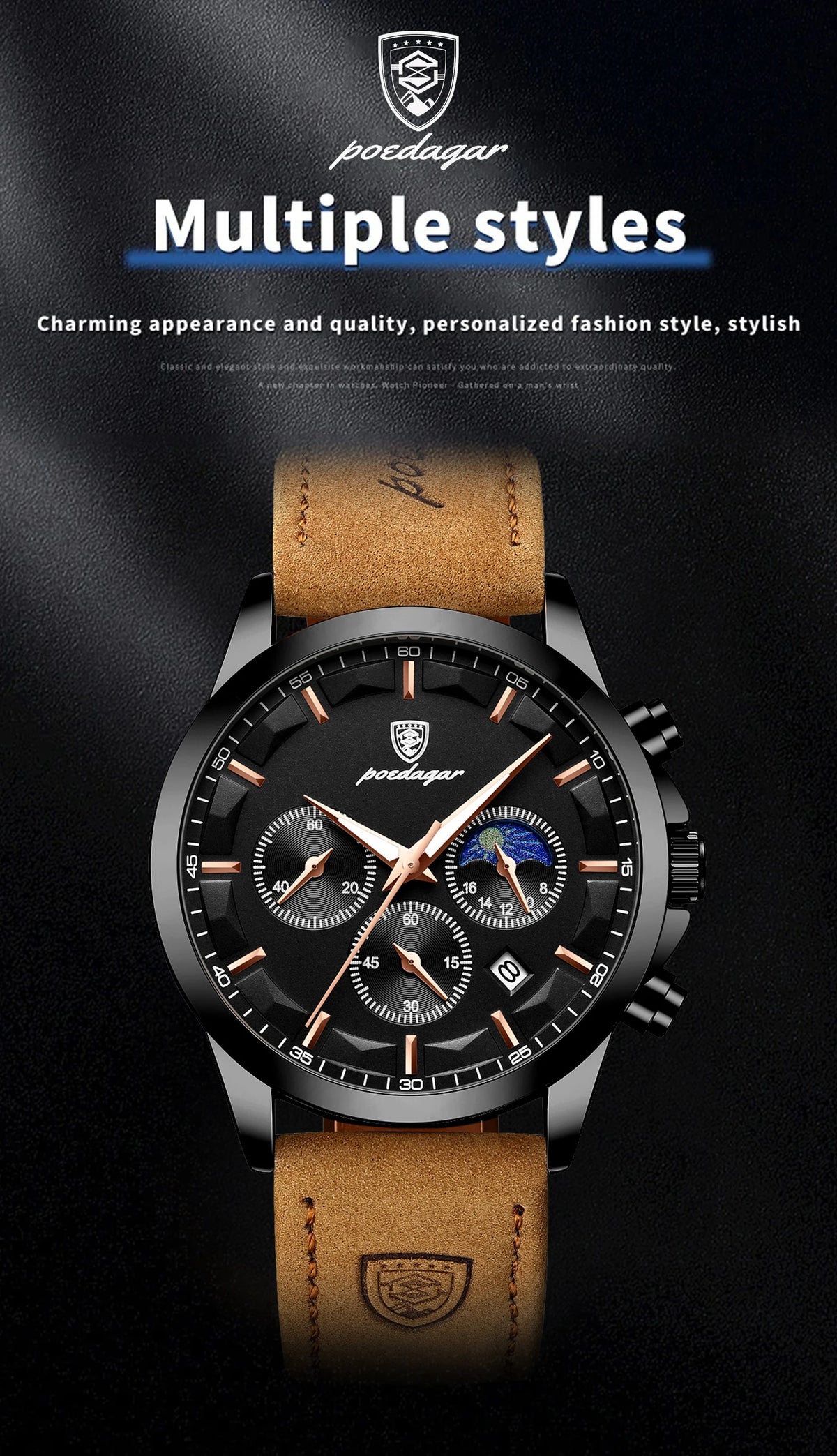 POEDAGAR Fashion Business Men Quartz Watch Waterproof Chronograph Luminous Date Man Wristwatch Leather Men's Watches Clock Reloj