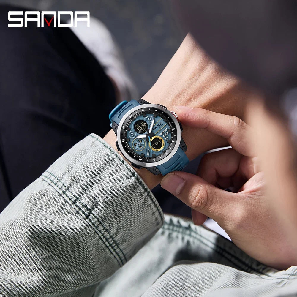 SANDA 3379 Fashion Men's Electronic Watch Dual Screen Sports Type Multi functional Waterproof LED Leisure Men's Electronic Watch