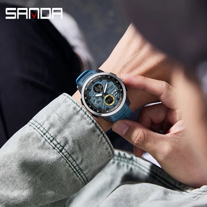 SANDA 3379 Fashion Men's Electronic Watch Dual Screen Sports Type Multi functional Waterproof LED Leisure Men's Electronic Watch