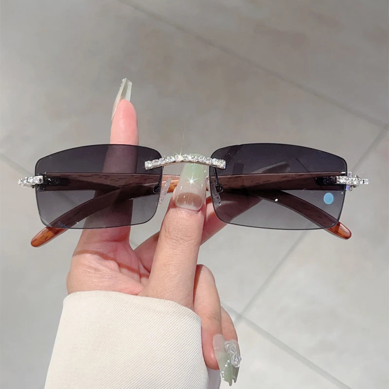 KAMMPT Stylish Rimless Metal Pink Shades Women's New Fashion Korean Style Sweet Sunglasses Chic Crystal Shiny Travel Sun Glasses
