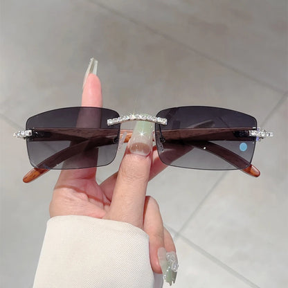 KAMMPT Stylish Rimless Metal Pink Shades Women's New Fashion Korean Style Sweet Sunglasses Chic Crystal Shiny Travel Sun Glasses