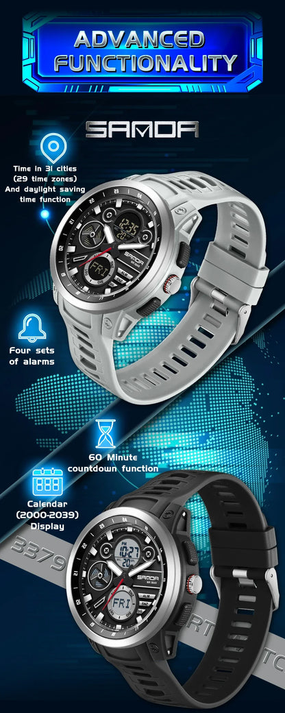SANDA 3379 Fashion Men's Electronic Watch Dual Screen Sports Type Multi functional Waterproof LED Leisure Men's Electronic Watch