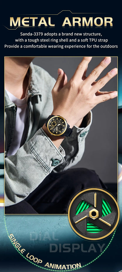 SANDA 3379 Fashion Men's Electronic Watch Dual Screen Sports Type Multi functional Waterproof LED Leisure Men's Electronic Watch