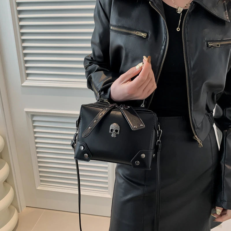Women Gothic Punk Square Small Crossbody Handbag with Top Handle Skull Crosses Chain PU Leather Shoulder Bag Purse