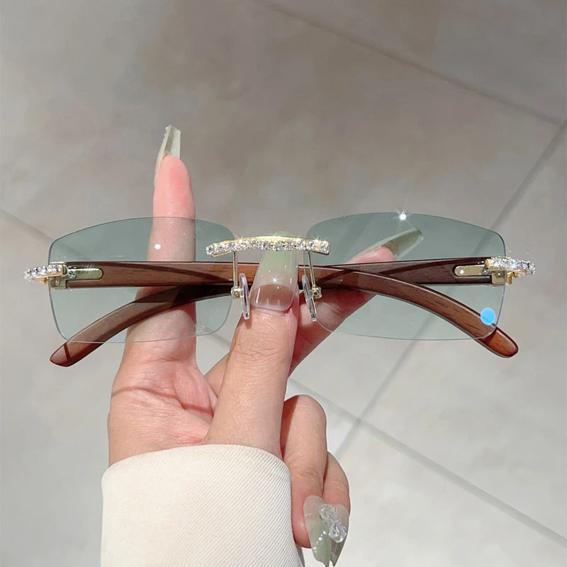 KAMMPT Stylish Rimless Metal Pink Shades Women's New Fashion Korean Style Sweet Sunglasses Chic Crystal Shiny Travel Sun Glasses