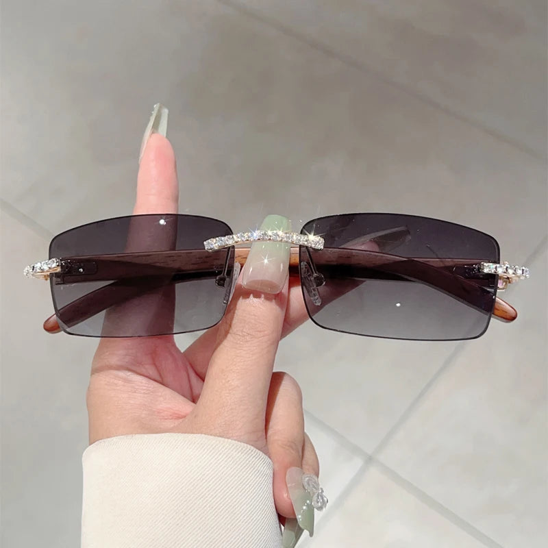 KAMMPT Stylish Rimless Metal Pink Shades Women's New Fashion Korean Style Sweet Sunglasses Chic Crystal Shiny Travel Sun Glasses