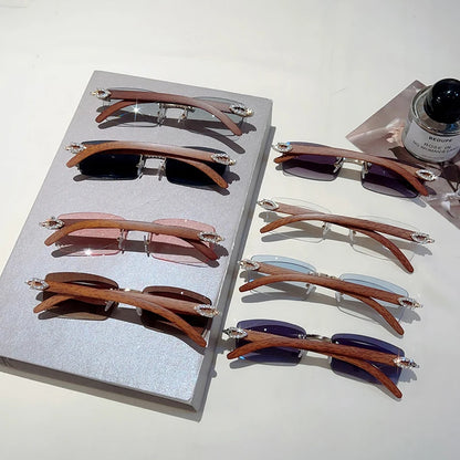 KAMMPT Stylish Rimless Metal Pink Shades Women's New Fashion Korean Style Sweet Sunglasses Chic Crystal Shiny Travel Sun Glasses