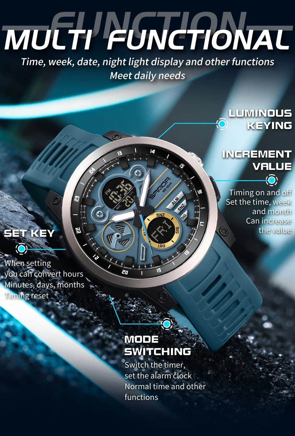 SANDA 3379 Fashion Men's Electronic Watch Dual Screen Sports Type Multi functional Waterproof LED Leisure Men's Electronic Watch
