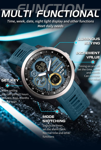 SANDA 3379 Fashion Men's Electronic Watch Dual Screen Sports Type Multi functional Waterproof LED Leisure Men's Electronic Watch
