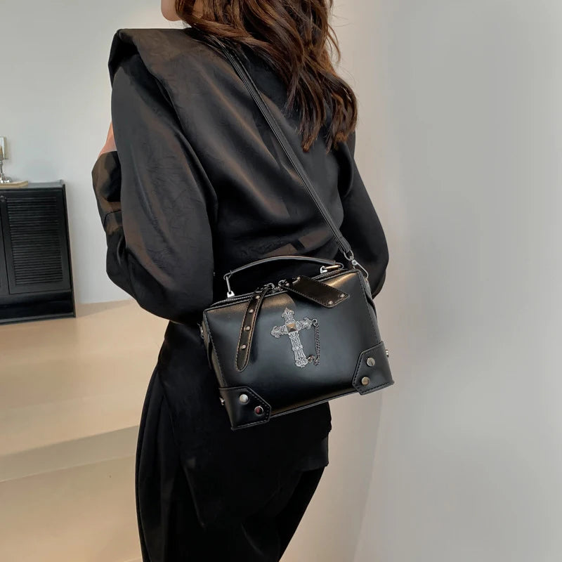 Women Gothic Punk Square Small Crossbody Handbag with Top Handle Skull Crosses Chain PU Leather Shoulder Bag Purse