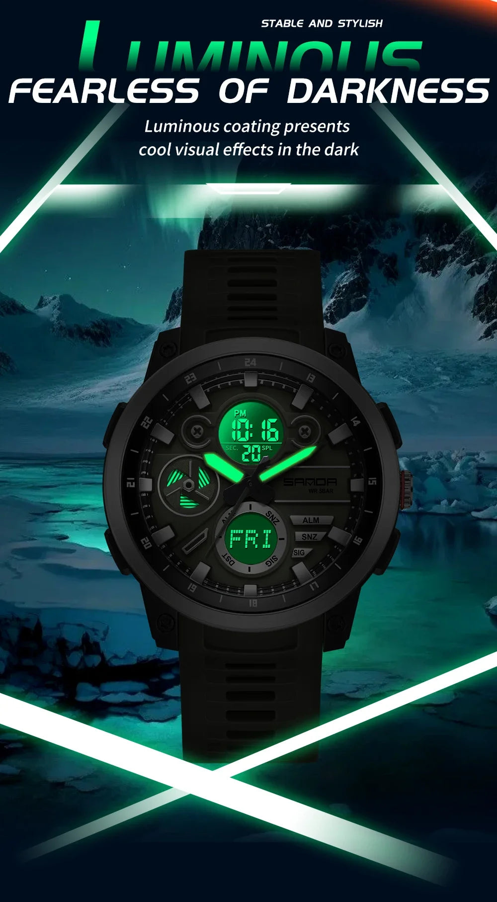 SANDA 3379 Fashion Men's Electronic Watch Dual Screen Sports Type Multi functional Waterproof LED Leisure Men's Electronic Watch