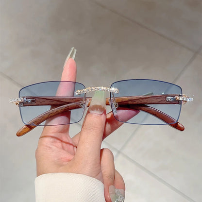 KAMMPT Stylish Rimless Metal Pink Shades Women's New Fashion Korean Style Sweet Sunglasses Chic Crystal Shiny Travel Sun Glasses