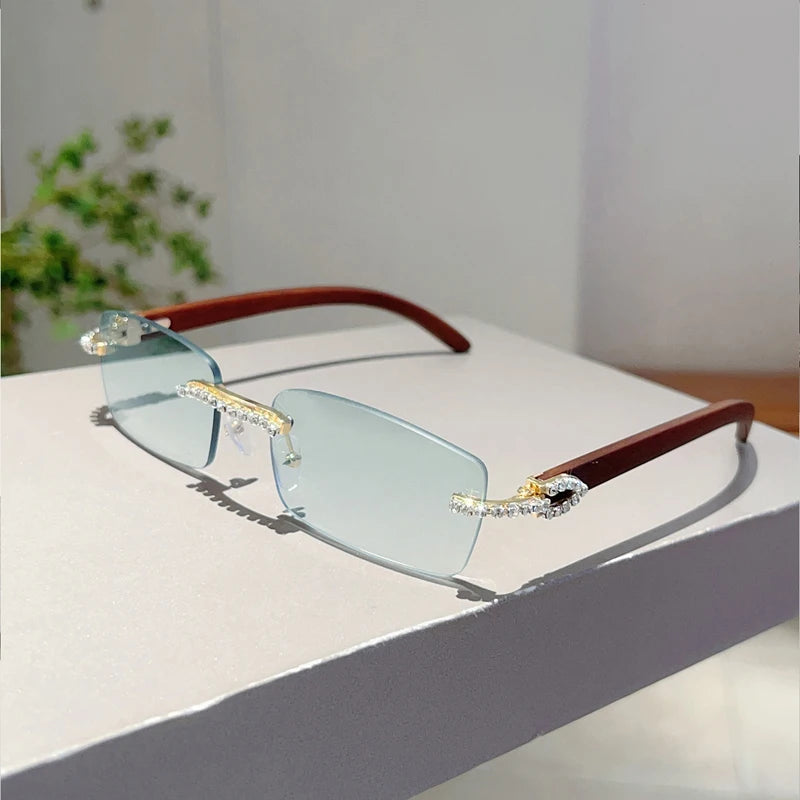 KAMMPT Stylish Rimless Metal Pink Shades Women's New Fashion Korean Style Sweet Sunglasses Chic Crystal Shiny Travel Sun Glasses