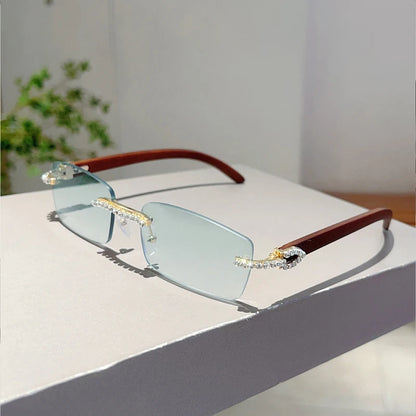 KAMMPT Stylish Rimless Metal Pink Shades Women's New Fashion Korean Style Sweet Sunglasses Chic Crystal Shiny Travel Sun Glasses