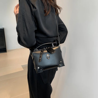 Women Gothic Punk Square Small Crossbody Handbag with Top Handle Skull Crosses Chain PU Leather Shoulder Bag Purse