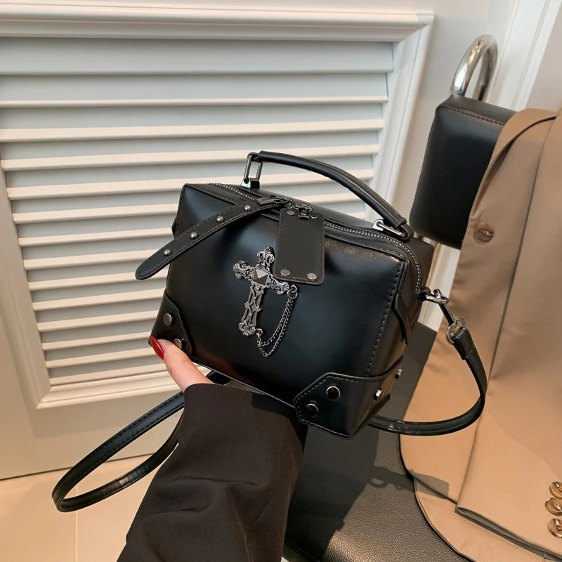 Women Gothic Punk Square Small Crossbody Handbag with Top Handle Skull Crosses Chain PU Leather Shoulder Bag Purse