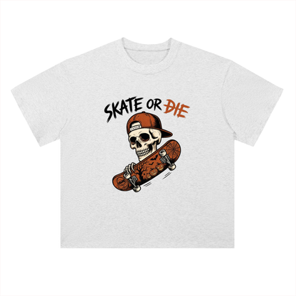 Skate or Die Skeleton Skateboarding Graphic Drop Shoulder Tee